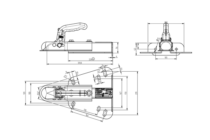 Engate de bola KNOTT K7.5-H+KZE7.5 para reboque de 750 kg com barra de tração tipo V